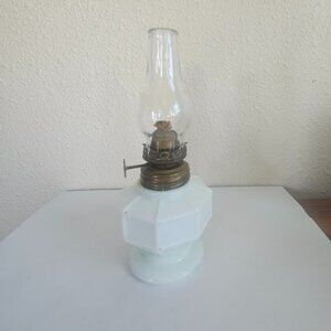 Vintage Miniature Milk Glass Mission Lamp with Glass Chimney